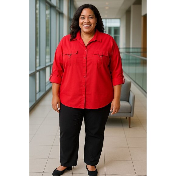 Rafaella Plus Size 3X Top Red Button-Down Shirt Adjustable Sleeves Front Pockets - Picture 8 of 8